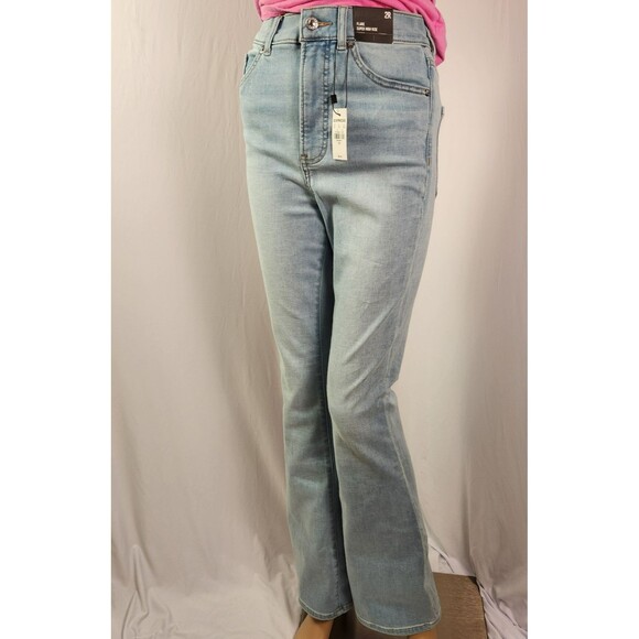 EXPRESS Jeans Womens 2R Flare Super High Rise Light Wash Zip Front Blue NWT - Picture 1 of 8